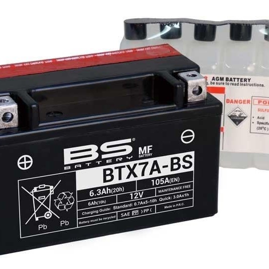 BS Akü BTX7A-BS - Kawasaki Ninja 250R, Fiddle II 125, Suzuki AN 125, Mondial 125 ZN, 150 HS, 151 RS, RT, KV, RR, RE, RF