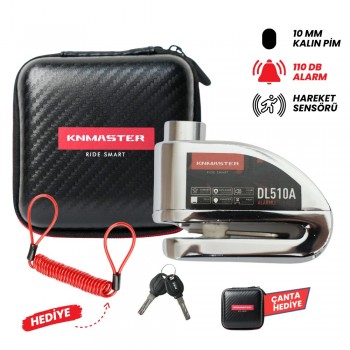 KNMASTER DL510A 10 mm Alarmlı Disk Kilidi | Hatırlatma Kablosu ve Taşıma Çantası Hediye | Silver