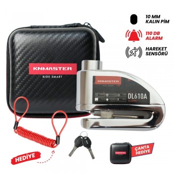 KNMASTER DL610A Alarmlı Disk Kilidi | 10 mm Çelik Pim | Hatırlatma Kablosu ve Taşıma Çantası | Silver