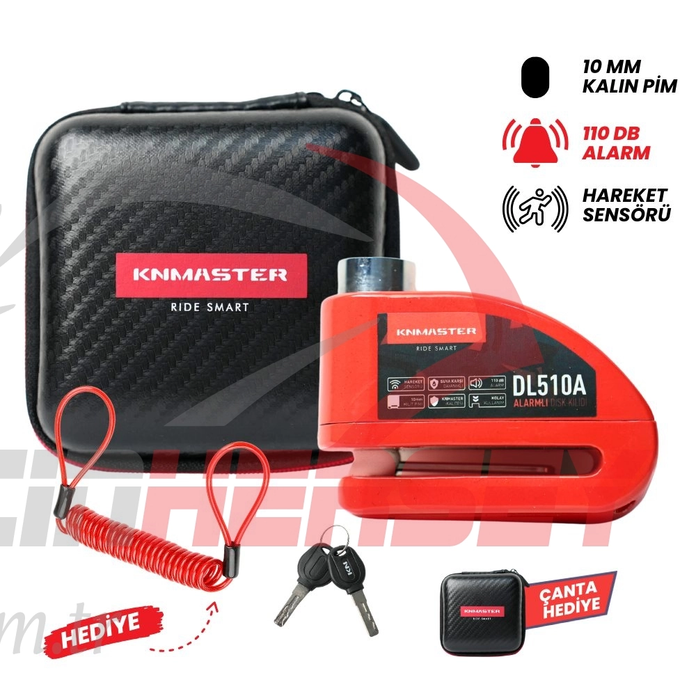 KNMASTER DL510A 10 mm Alarmlı Disk Kilidi | Hatırlatma Kablosu ve Taşıma Çantası Hediye | Kırmızı