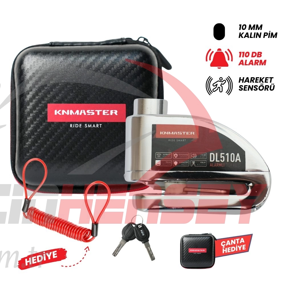 KNMASTER DL510A 10 mm Alarmlı Disk Kilidi | Hatırlatma Kablosu ve Taşıma Çantası Hediye | Silver