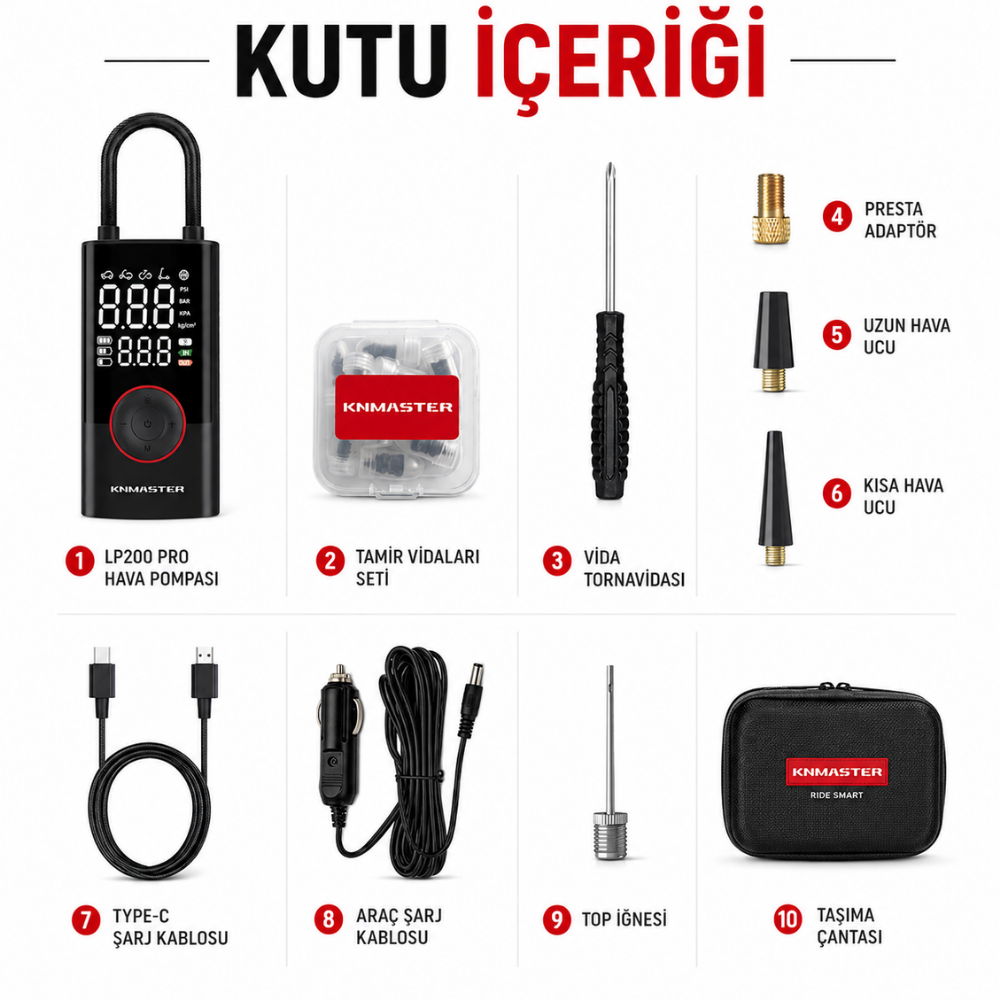 Knmaster LP200 PRO – 150 PSI Dijital Göstergeli Şarjlı Hava Pompası