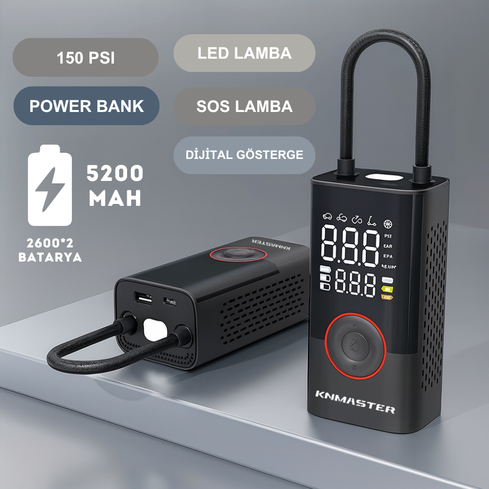 Knmaster LP200 PRO – 150 PSI Dijital Göstergeli Şarjlı Hava Pompası