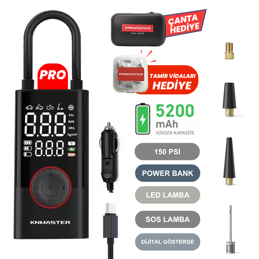 KNMASTER Knmaster LP200 PRO – 150 PSI Dijital Göstergeli Şarjlı Hava Pompası KNMASTER Knmaster LP200 PRO – 150 PSI Dijital Göstergeli Şarjlı Hava Pompası