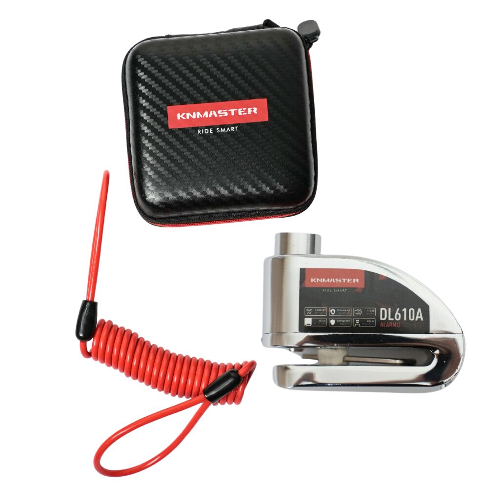KNMASTER DL610A Alarmlı Disk Kilidi | 10 mm Çelik Pim | Hatırlatma Kablosu ve Taşıma Çantası | Silver