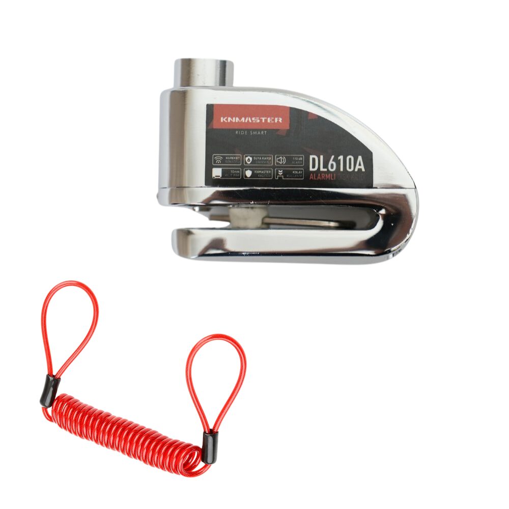 KNMASTER DL610A Alarmlı Disk Kilidi | 10 mm Çelik Pim | Hatırlatma Kablosu ve Taşıma Çantası | Silver