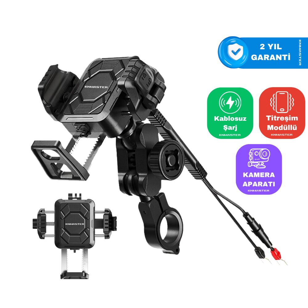 KNMASTER TT890LWC Kablosuz Şarjlı Tüm Motosikletlere Uyumlu Titreşim Modüllü Telefon Tutucu (Kamera Bağlantılı)