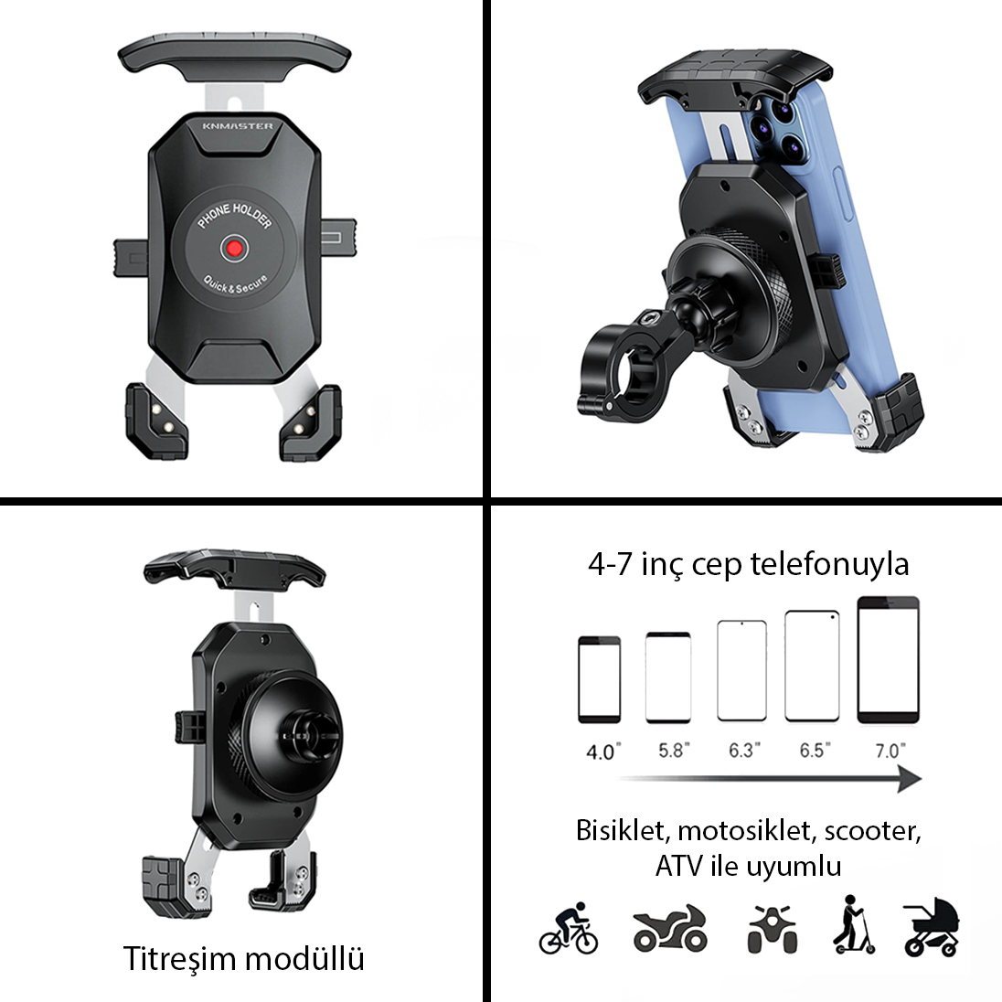 Knmaster TT-500 Titreşim Engelleyici Tüm Motosikletlere Uyumlu Telefon Tutucu