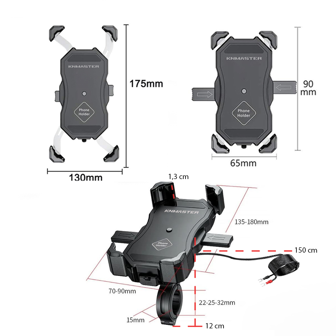  Knmaster TT-450WU Titreşim Engelleyici Tüm Motosikletlere Uyumlu Kablosuz ve Usb’li Telefon Tutucu