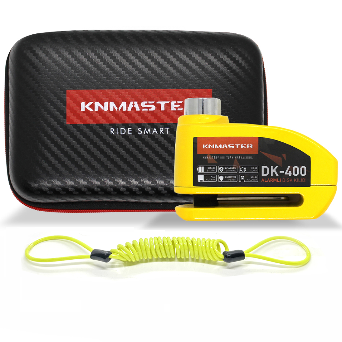 Knmaster Disk Kilidi DK-400 7mm Alarmlı + HATIRLATMA KABLOSU VE ÇANTA HEDİYELİ ( Sarı )