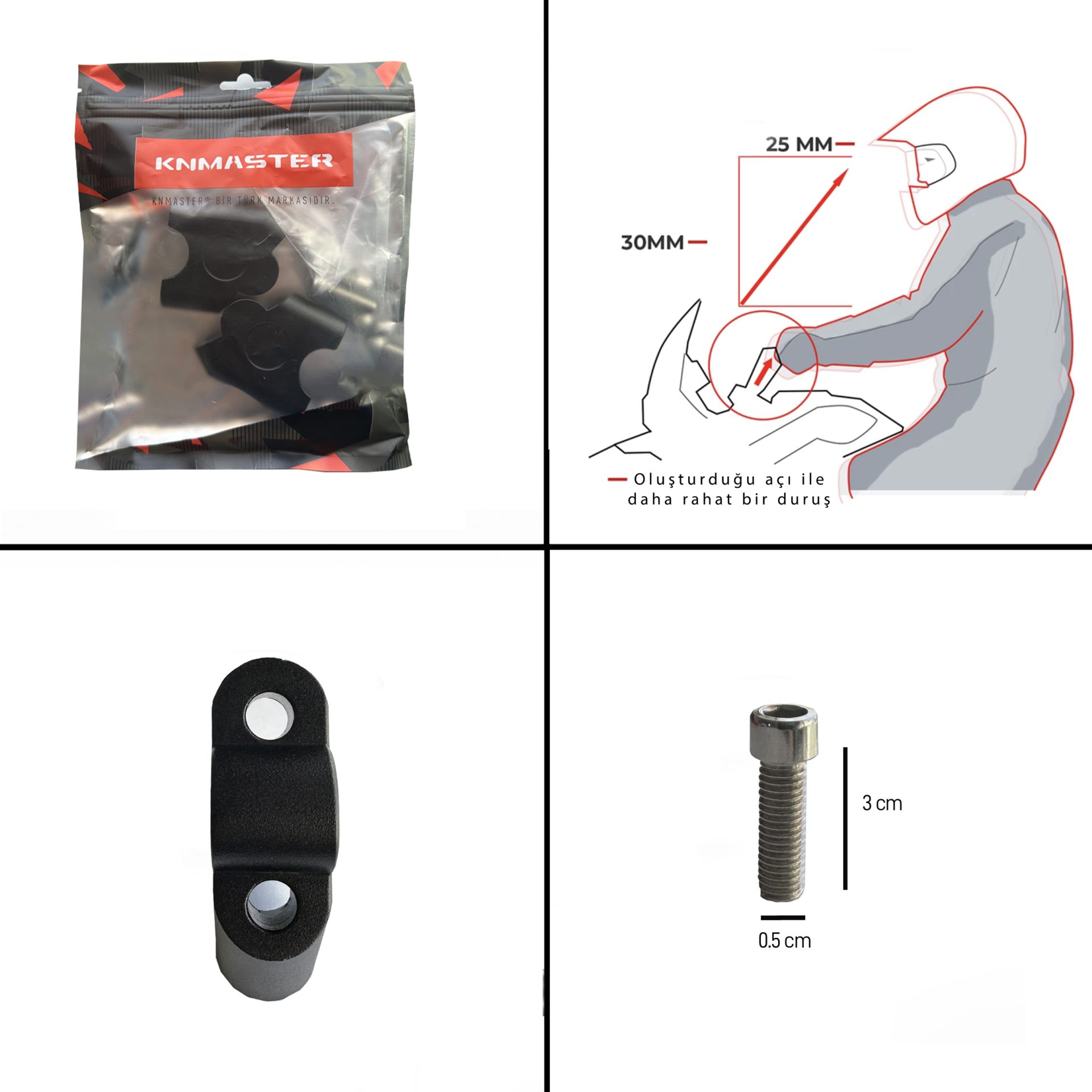 Knmaster 22 mm Motosiklet Siyah Gidon Yükseltme Aparatı  