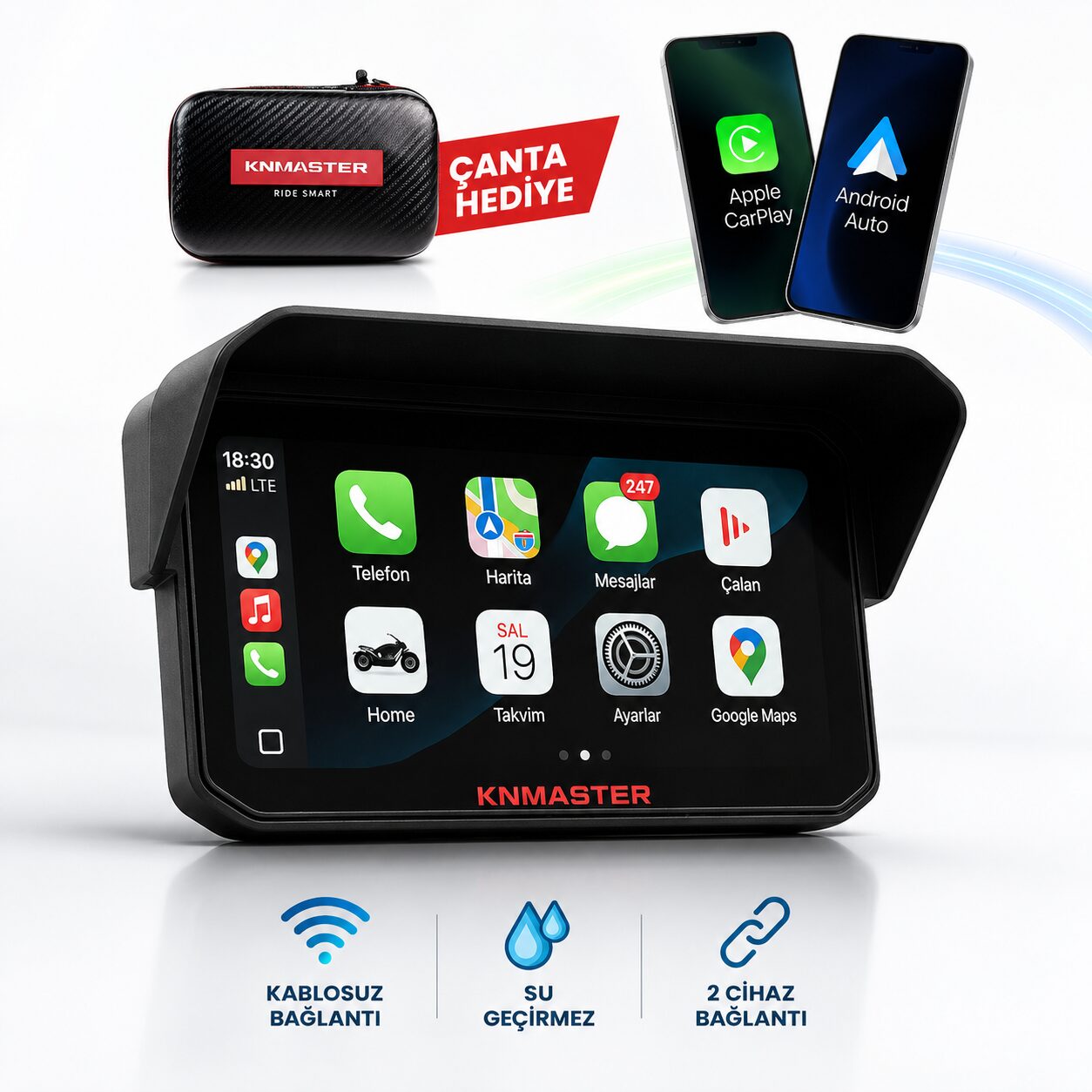 KNMASTER MOTOPLAY 1000 – 6.25” Kablosuz CarPlay & Android Auto Destekli Motosiklet Multimedya Ekranı