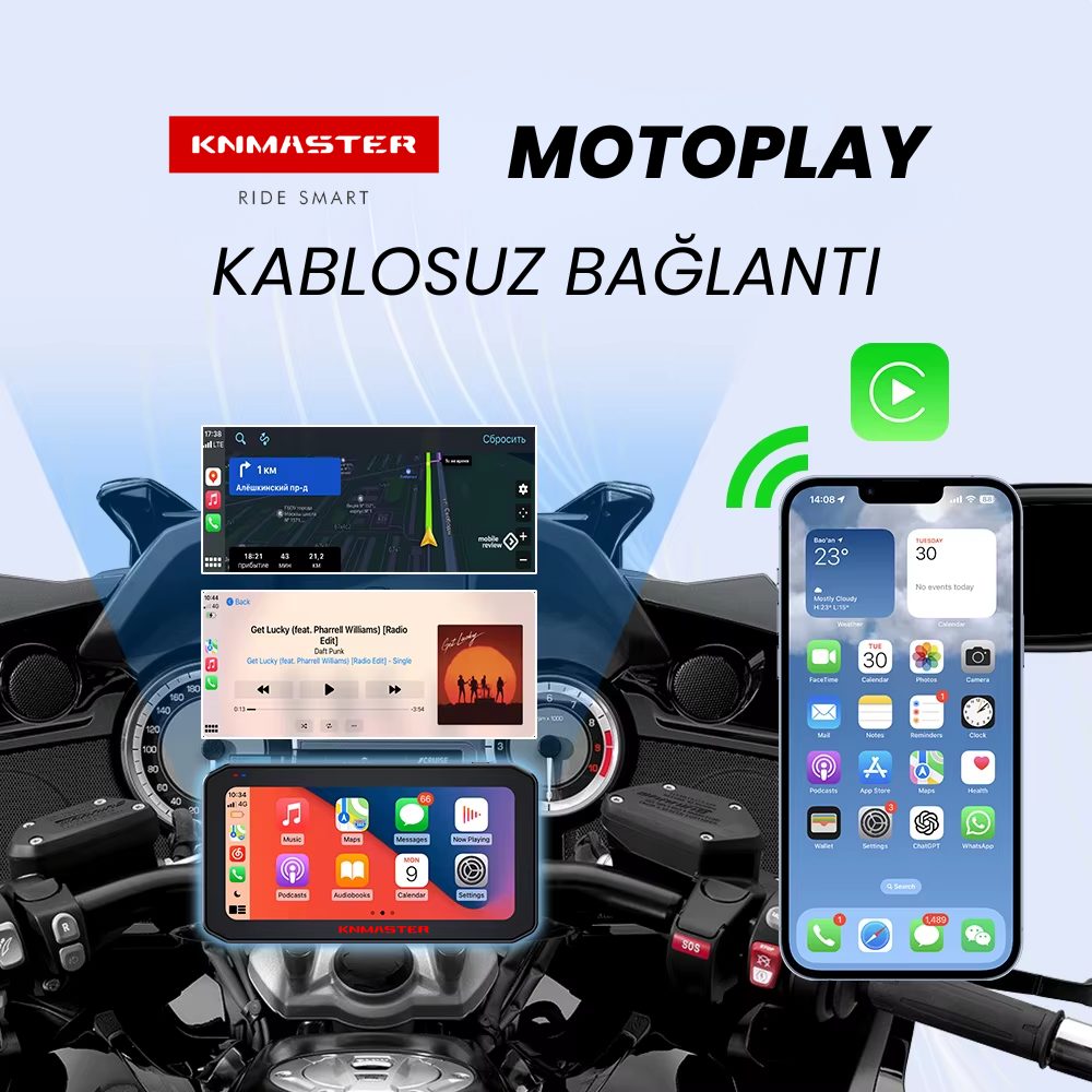 KNMASTER MOTOPLAY 2000 PRO – 6.25” 2K Çift Kameralı Kablosuz CarPlay & Android Auto Destekli Motosiklet Multimedya Ekranı