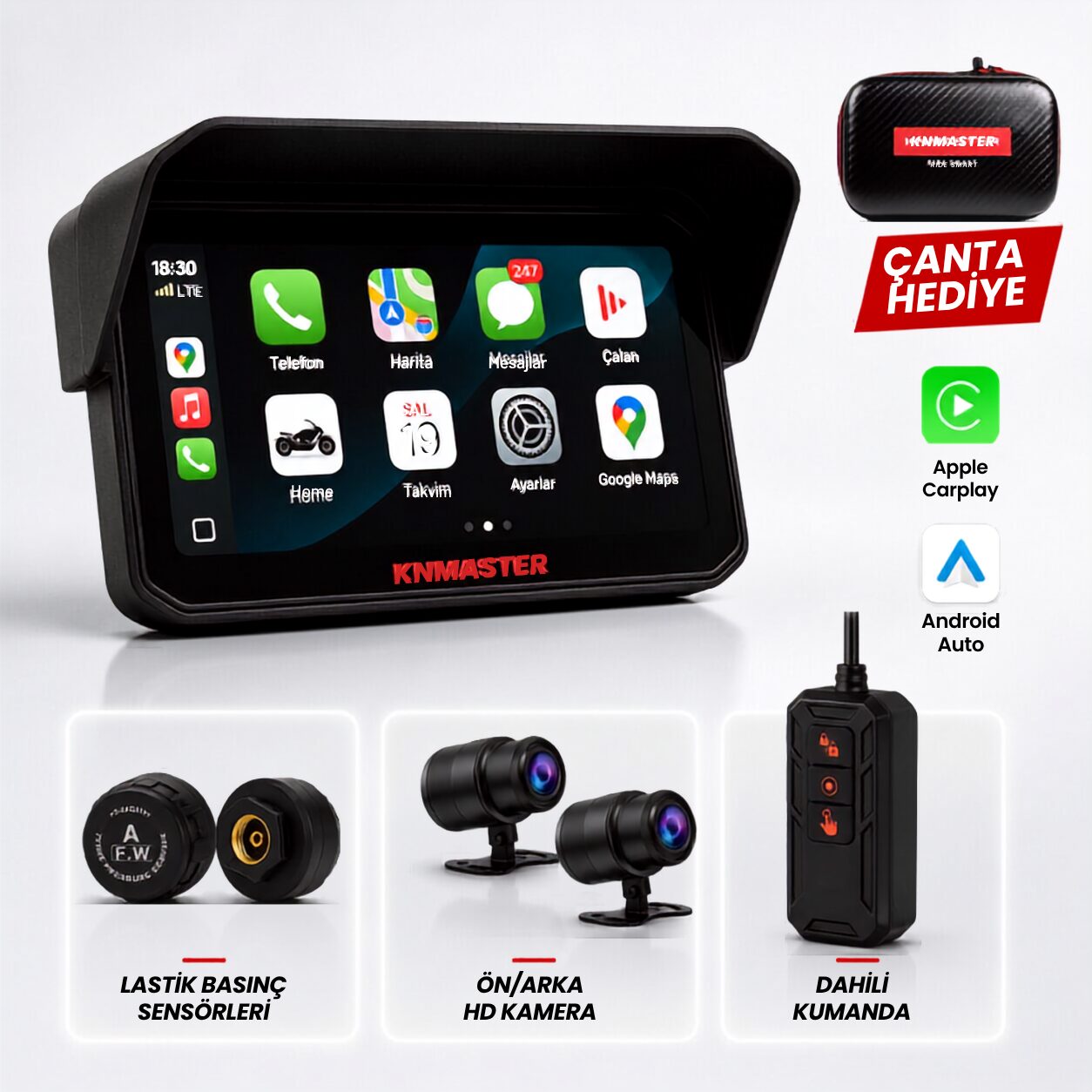 KNMASTER MOTOPLAY 2000 PRO – 6.25” 2K Çift Kameralı Kablosuz CarPlay & Android Auto Destekli Motosiklet Multimedya Ekranı