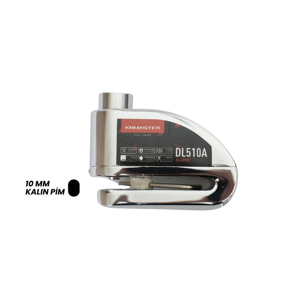 KNMASTER DL510A 10 mm Alarmlı Disk Kilidi | Hatırlatma Kablosu ve Taşıma Çantası Hediye | Silver
