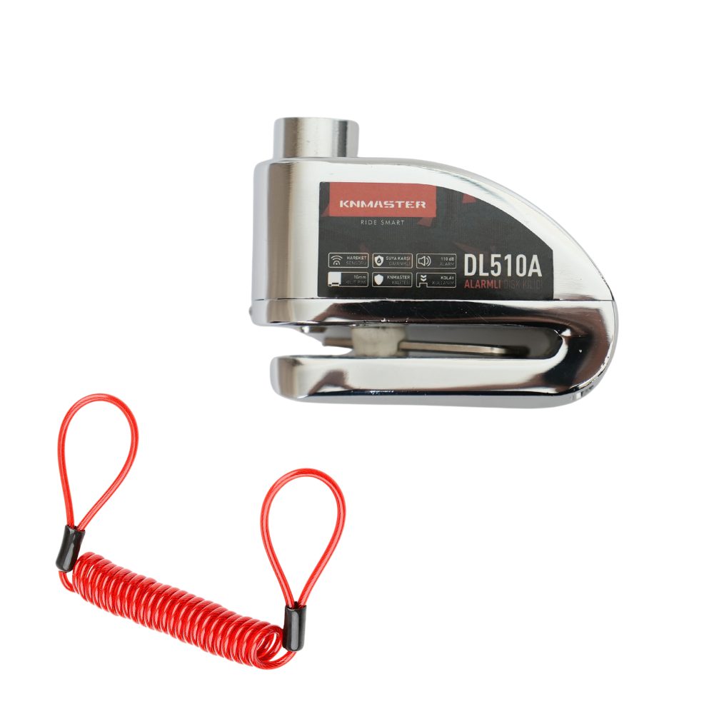 KNMASTER DL510A 10 mm Alarmlı Disk Kilidi | Hatırlatma Kablosu ve Taşıma Çantası Hediye | Silver