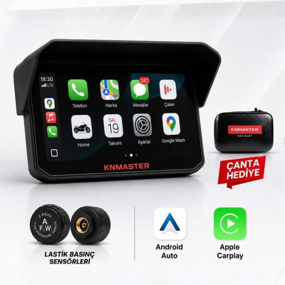 KNMASTER MOTOPLAY 1500 – 6.25” TPMS Sensörlü Kablosuz CarPlay & Android Auto Destekli Motosiklet Multimedya Ekranı