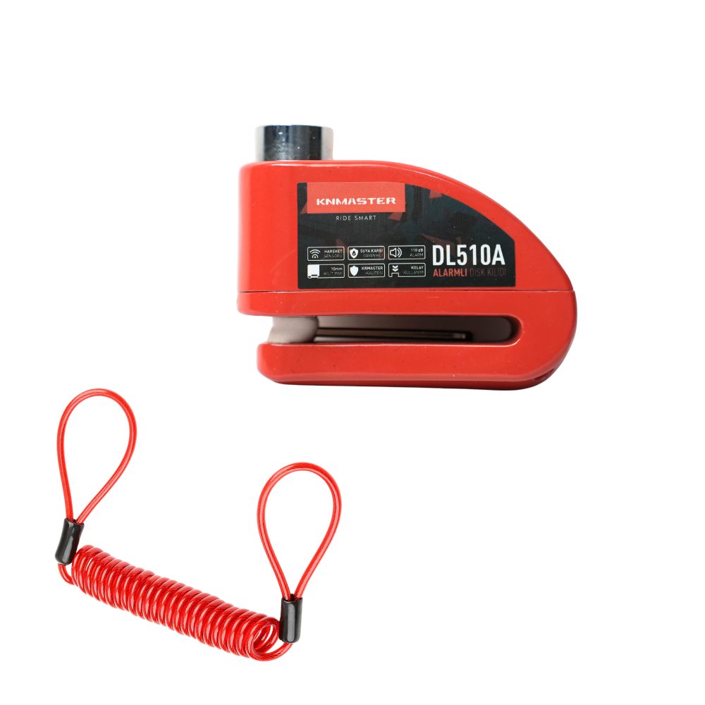 KNMASTER DL510A 10 mm Alarmlı Disk Kilidi | Hatırlatma Kablosu ve Taşıma Çantası Hediye | Kırmızı