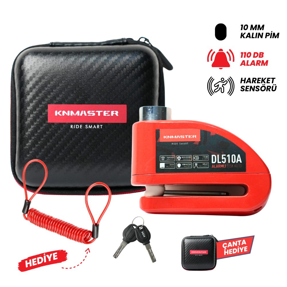KNMASTER DL510A 10 mm Alarmlı Disk Kilidi | Hatırlatma Kablosu ve Taşıma Çantası Hediye | Kırmızı