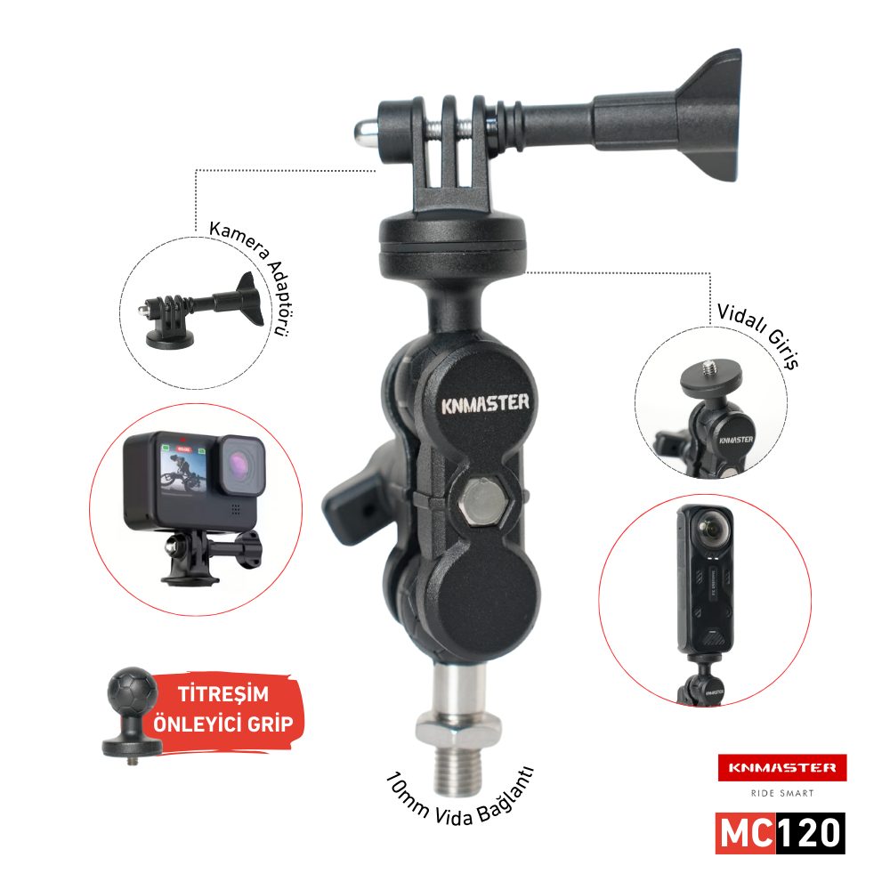 KNMASTER Knmaster MC120 – 360° Ayarlanabilir Motosiklet 10mm Vida Bağlantılı Aksiyon Kamera Aparatı