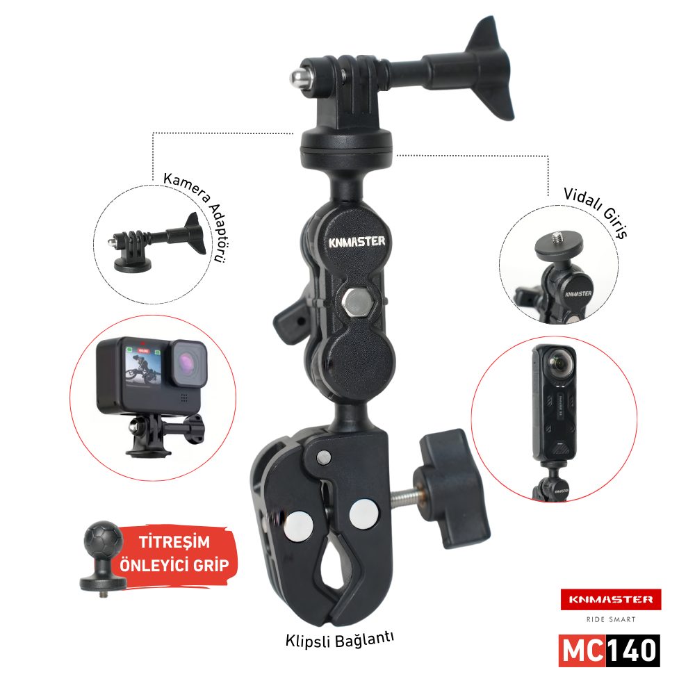 Knmaster MC140 – 360° Ayarlanabilir Motosiklet Gidon / Koruma Demiri / Çanta Demiri / Ayna Bağlantılı Aksiyon Kamera Aparatı