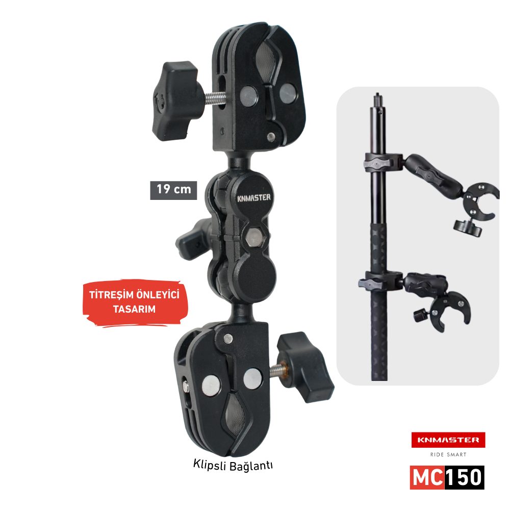 KNMASTER Knmaster MC150 – 360° Ayarlanabilir Motosiklet Çift Yengeç Kelepçeli (Double Clamp) Aksiyon Kamera Destek Aparatı (19 cm)