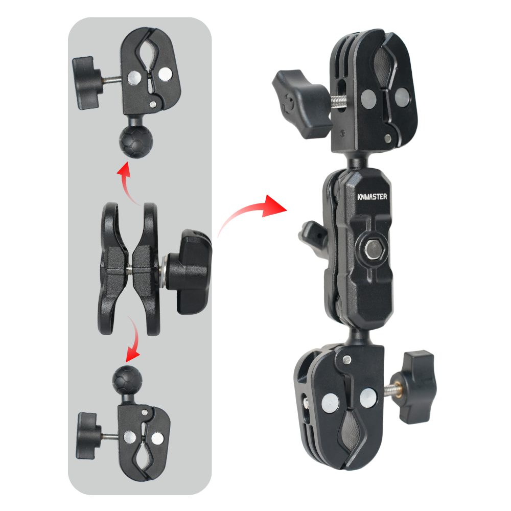 Knmaster MC160 – 360° Ayarlanabilir Motosiklet Çift Yengeç Kelepçeli (Double Clamp) Aksiyon Kamera Destek Aparatı (22 cm)