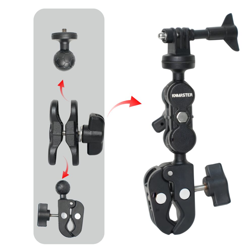 KNMASTER MC-200 – 360° Ayarlanabilir Motosiklet Çift Yengeç Kelepçeli (Double Clamp) Aksiyon Kamera Destek Aparatı (17 cm)