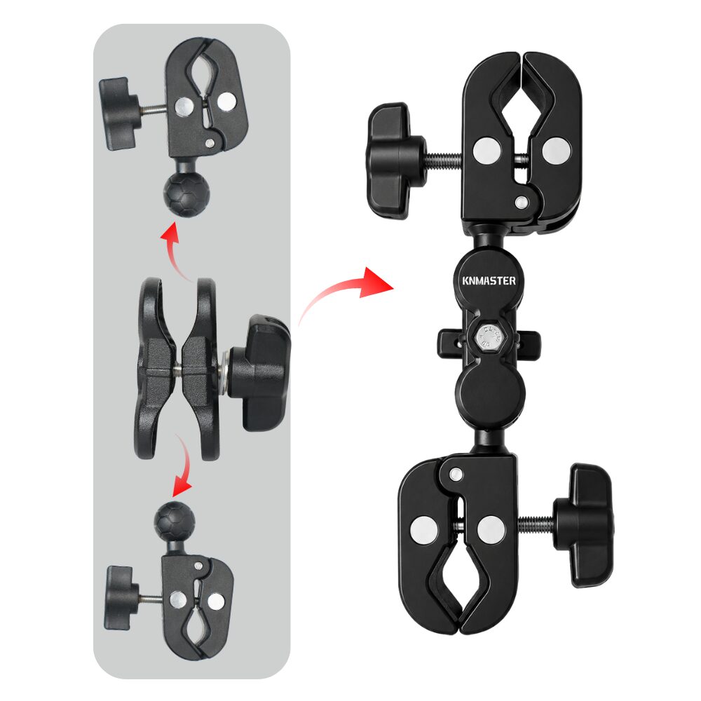 KNMASTER MC-200 – 360° Ayarlanabilir Motosiklet Çift Yengeç Kelepçeli (Double Clamp) Aksiyon Kamera Destek Aparatı (17 cm)
