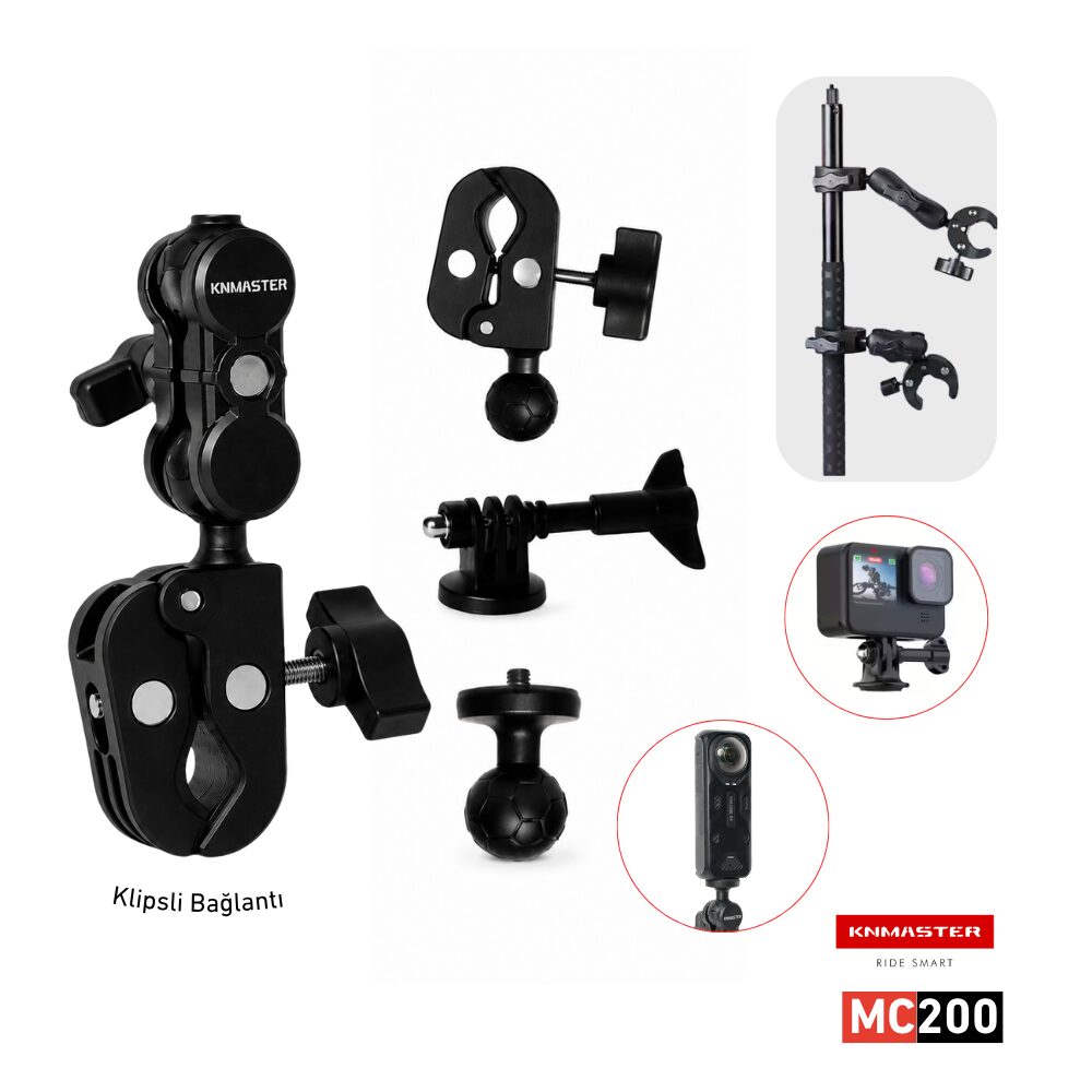 KNMASTER KNMASTER MC-200 – 360° Ayarlanabilir Motosiklet Çift Yengeç Kelepçeli (Double Clamp) Aksiyon Kamera Destek Aparatı (17 cm)